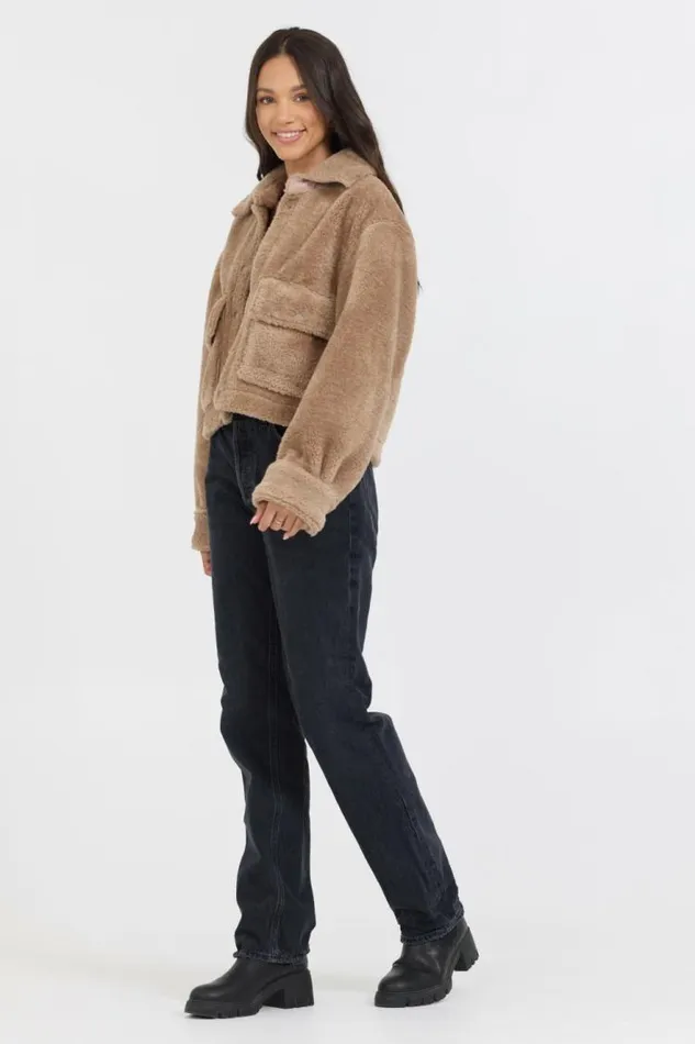 Women Vintage Havana Outerwear Butter Cookie Sherpa Jacket W Quilted Pockets Butter