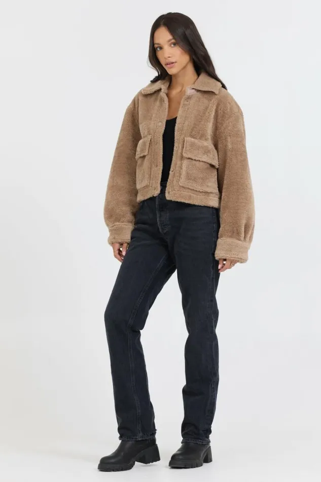 Women Vintage Havana Outerwear Butter Cookie Sherpa Jacket W Quilted Pockets Butter