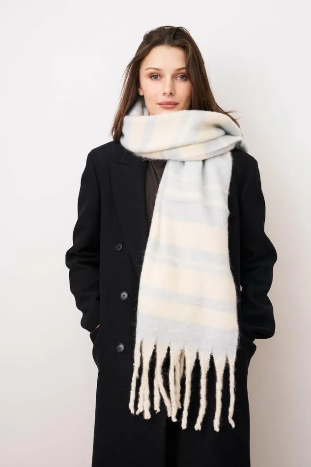 Women Vintage Havana Scarf Ruanas STRIPE BRUSH TASSEL SCARF 8211 BLUE Blue