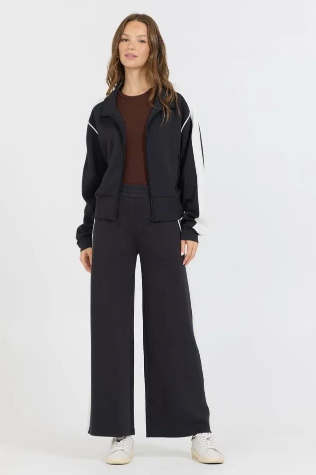 Women Vintage Havana Wide Leg Pants Black White Colorblock Cloud Fleece Pant Black