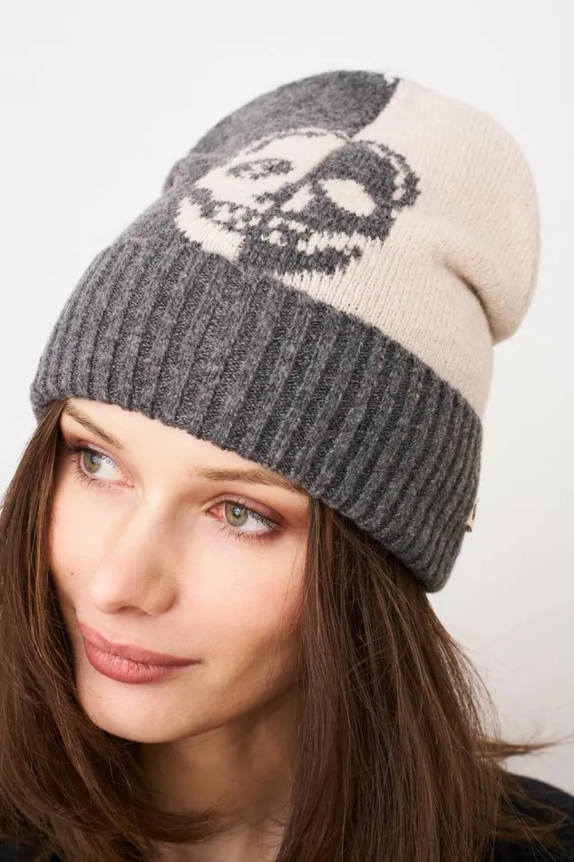 Women Vintage Havana Winter Hats SKULL PATTERN BEANIE Charcoal