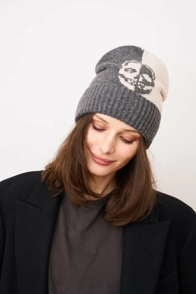 Women Vintage Havana Winter Hats SKULL PATTERN BEANIE Charcoal