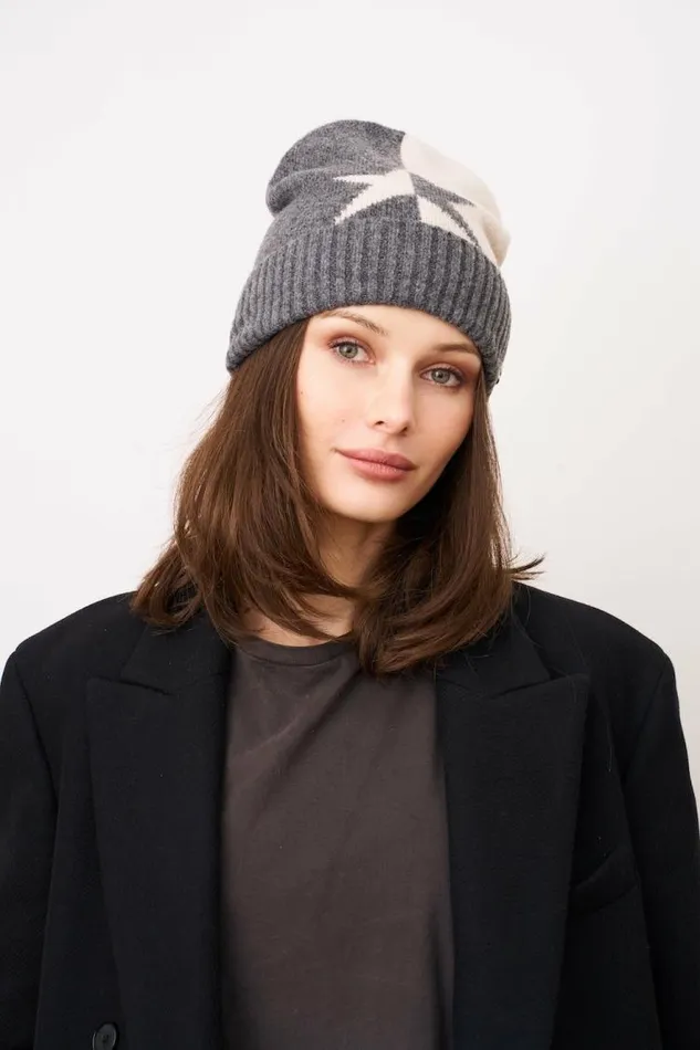 Women Vintage Havana Winter Hats STAR PATTERN BEANIE Charcoal