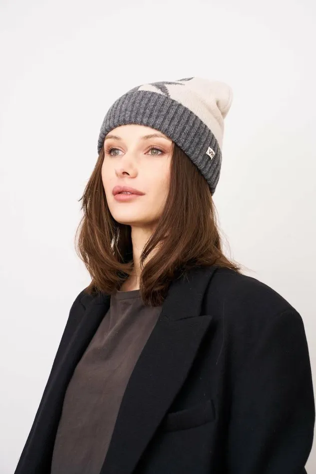 Women Vintage Havana Winter Hats STAR PATTERN BEANIE Charcoal