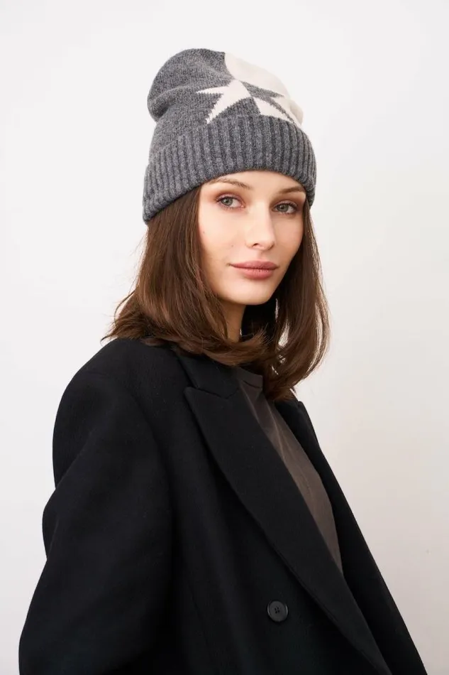 Women Vintage Havana Winter Hats STAR PATTERN BEANIE Charcoal