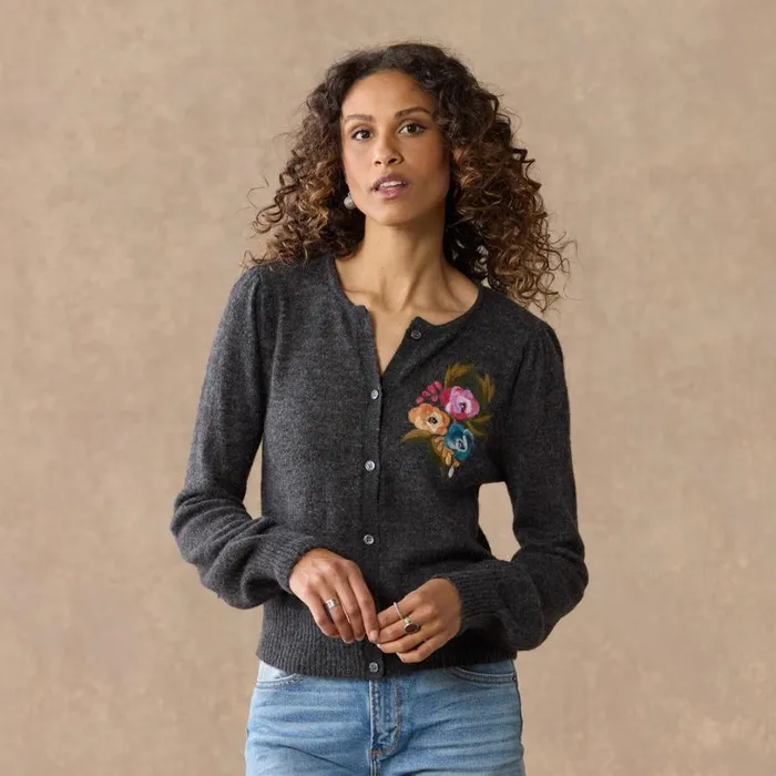Women Whimsical Blooms Cardigan Charcoal Sundance Catalog Sweaters