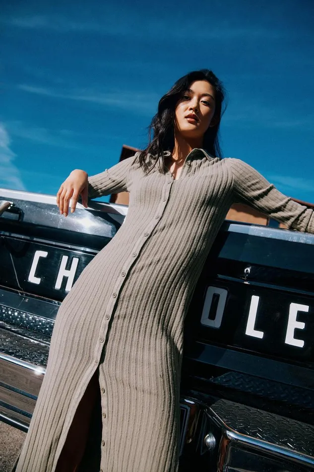 Womens Chaser Brand Dresses Long Sleeve Button Down Collar Dress