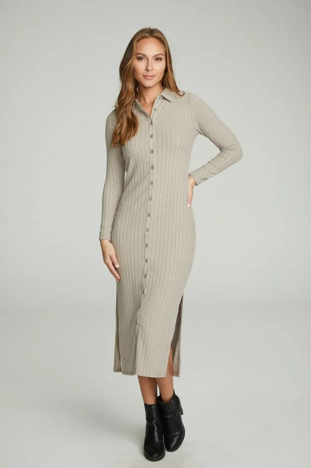 Womens Chaser Brand Dresses Long Sleeve Button Down Collar Dress
