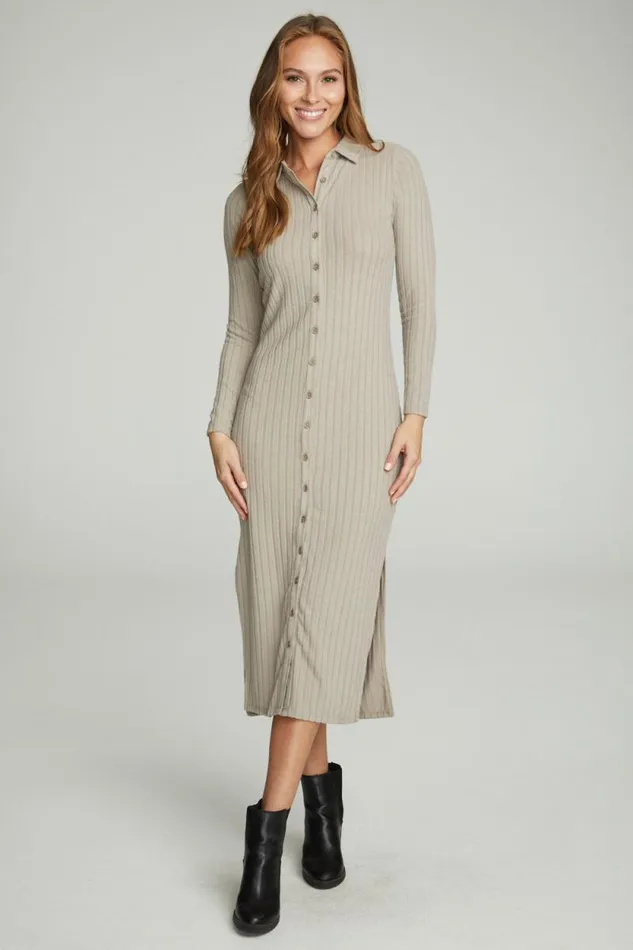 Womens Chaser Brand Dresses Long Sleeve Button Down Collar Dress
