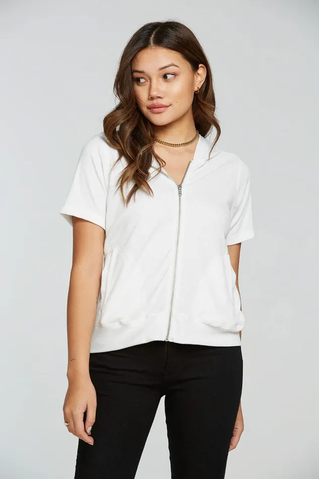 Womens Chaser Brand Outerwear Linen Rib Short Sleeve Zip Up Hoodie