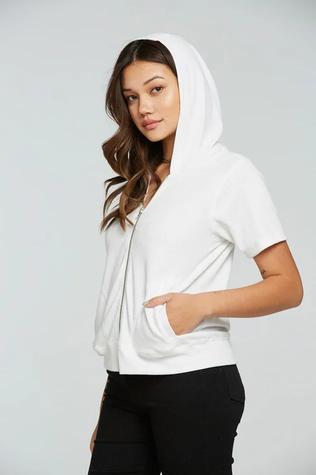 Womens Chaser Brand Outerwear Linen Rib Short Sleeve Zip Up Hoodie