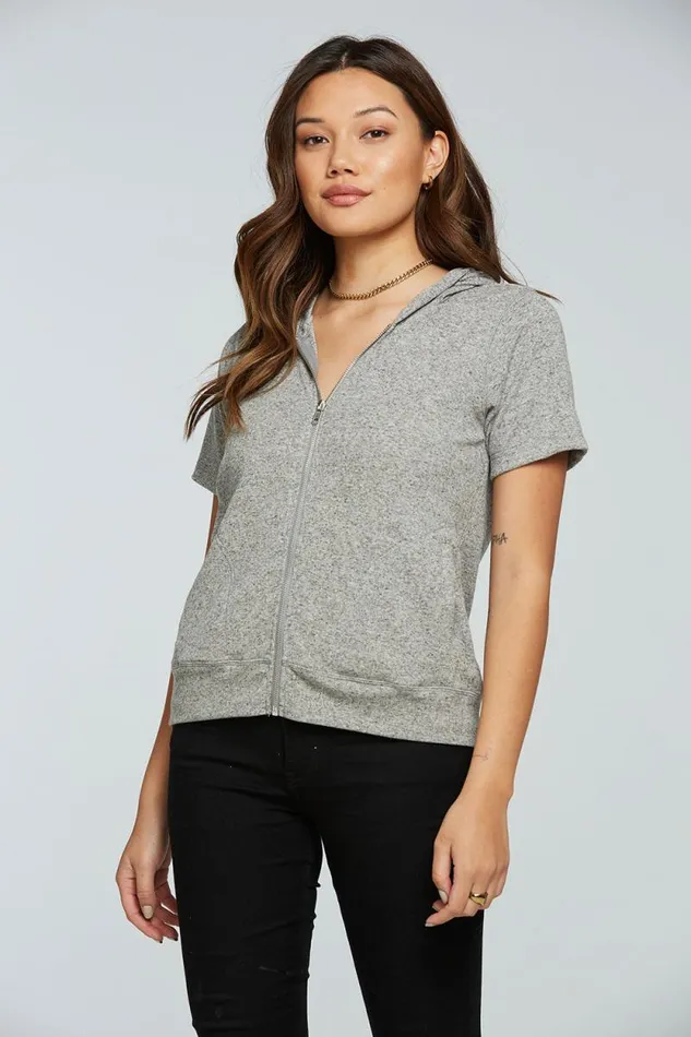 Womens Chaser Brand Outerwear Linen Rib Short Sleeve Zip Up Hoodie