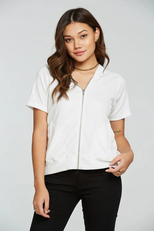 Womens Chaser Brand Outerwear Linen Rib Short Sleeve Zip Up Hoodie