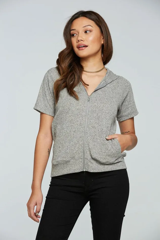 Womens Chaser Brand Outerwear Linen Rib Short Sleeve Zip Up Hoodie