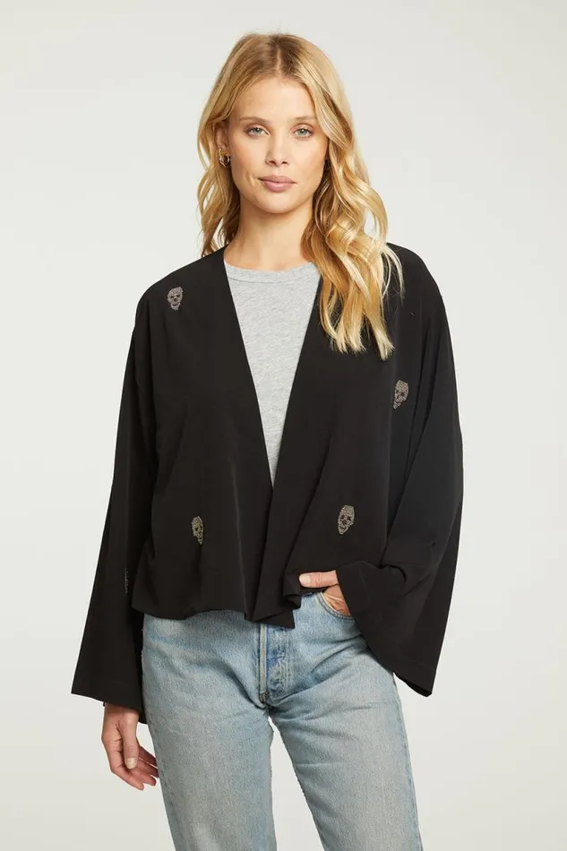 Womens Chaser Brand Tops Beaded Skulls Open Bed Jacket