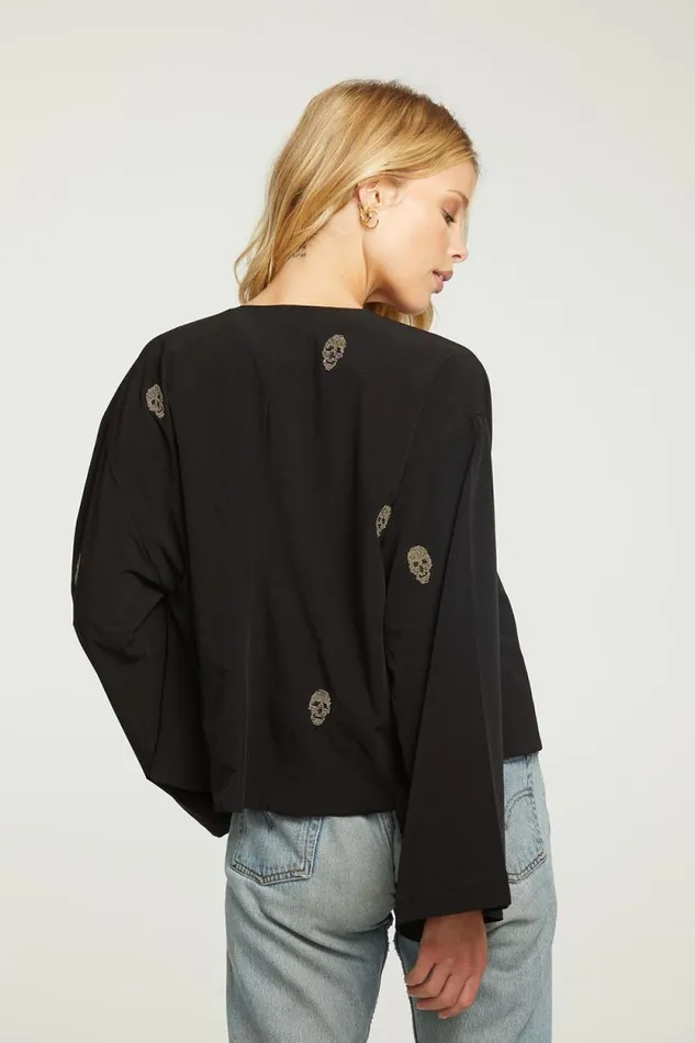 Womens Chaser Brand Tops Beaded Skulls Open Bed Jacket