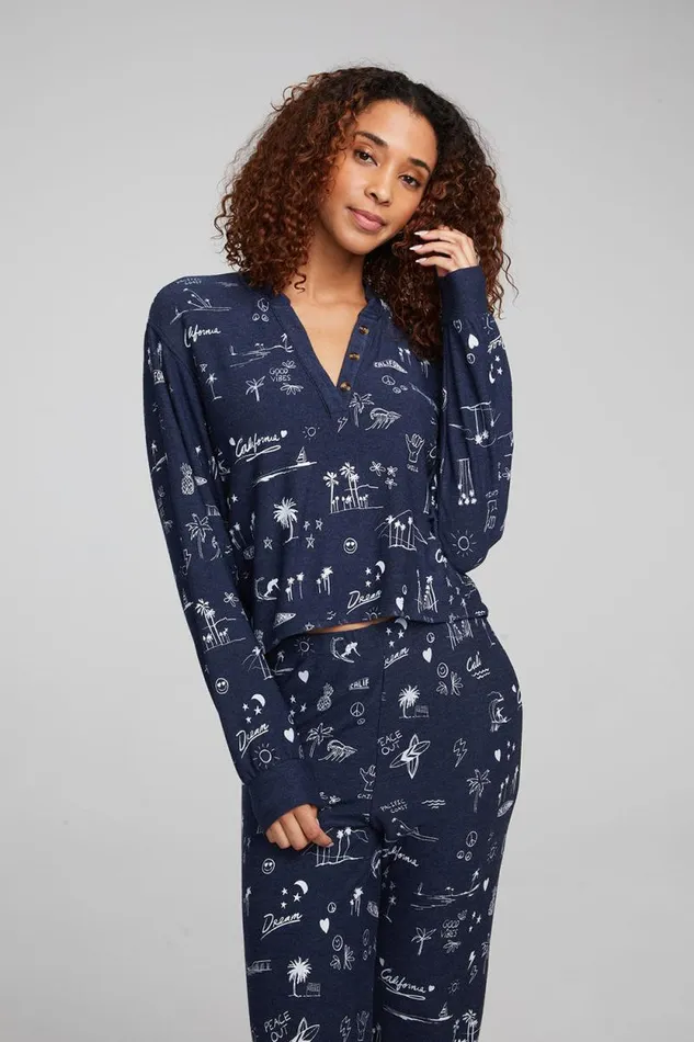 Womens Chaser Brand Tops Cali All Over Icons Henley Top
