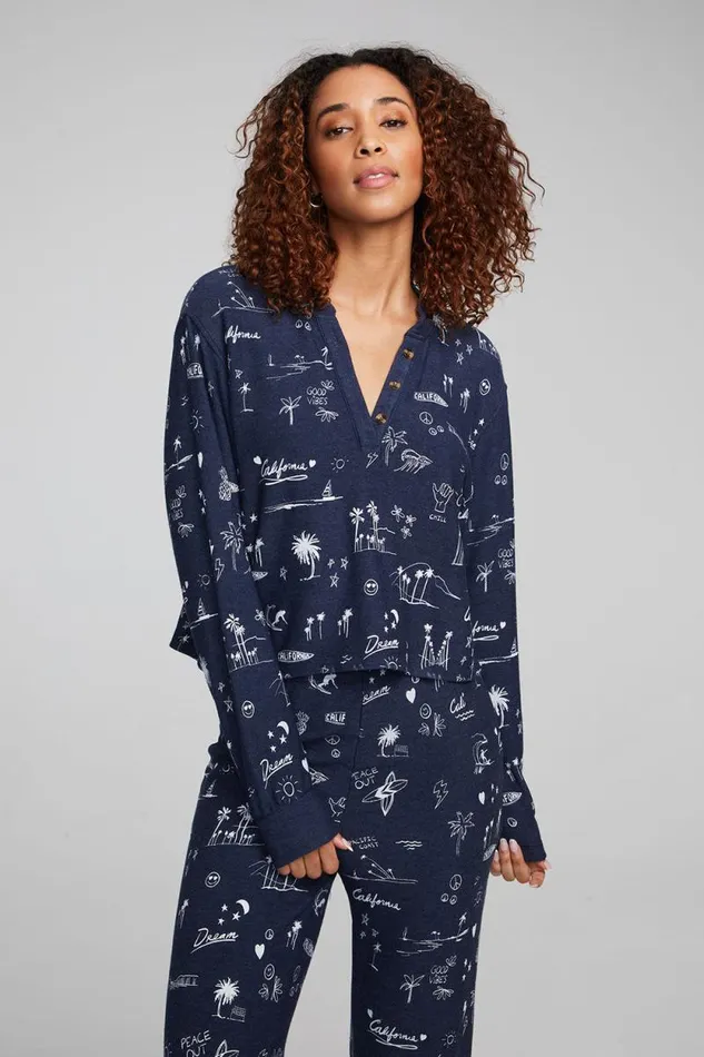 Womens Chaser Brand Tops Cali All Over Icons Henley Top