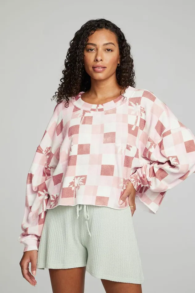 Womens Chaser Brand Tops Checkered Palms Print Pullover
