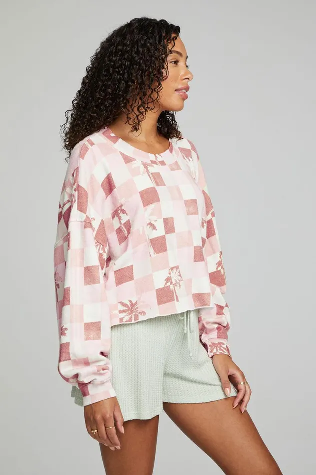 Womens Chaser Brand Tops Checkered Palms Print Pullover