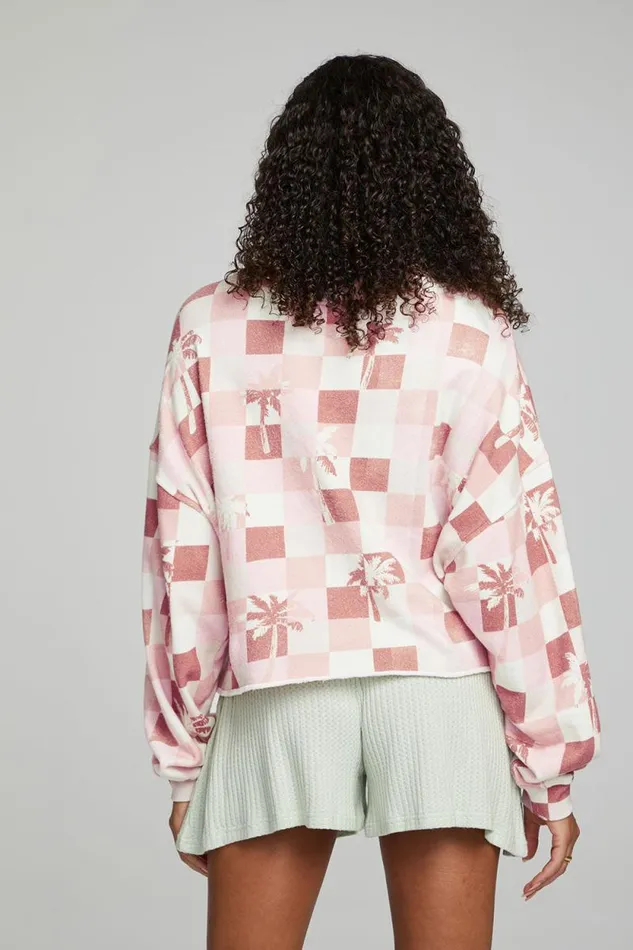 Womens Chaser Brand Tops Checkered Palms Print Pullover
