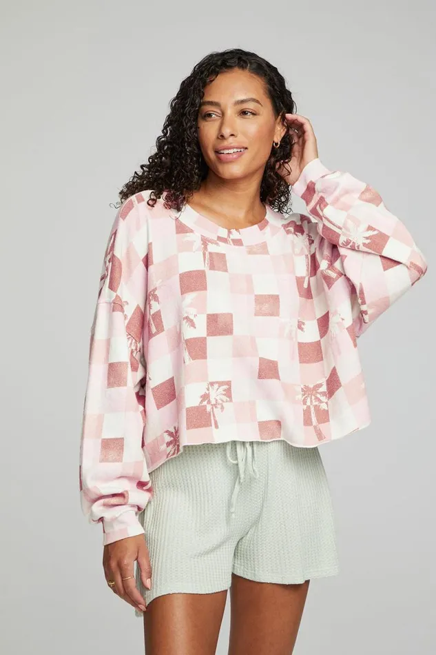 Womens Chaser Brand Tops Checkered Palms Print Pullover