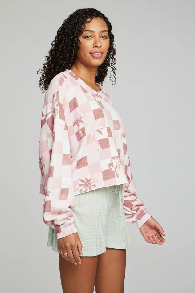 Womens Chaser Brand Tops Checkered Palms Print Pullover