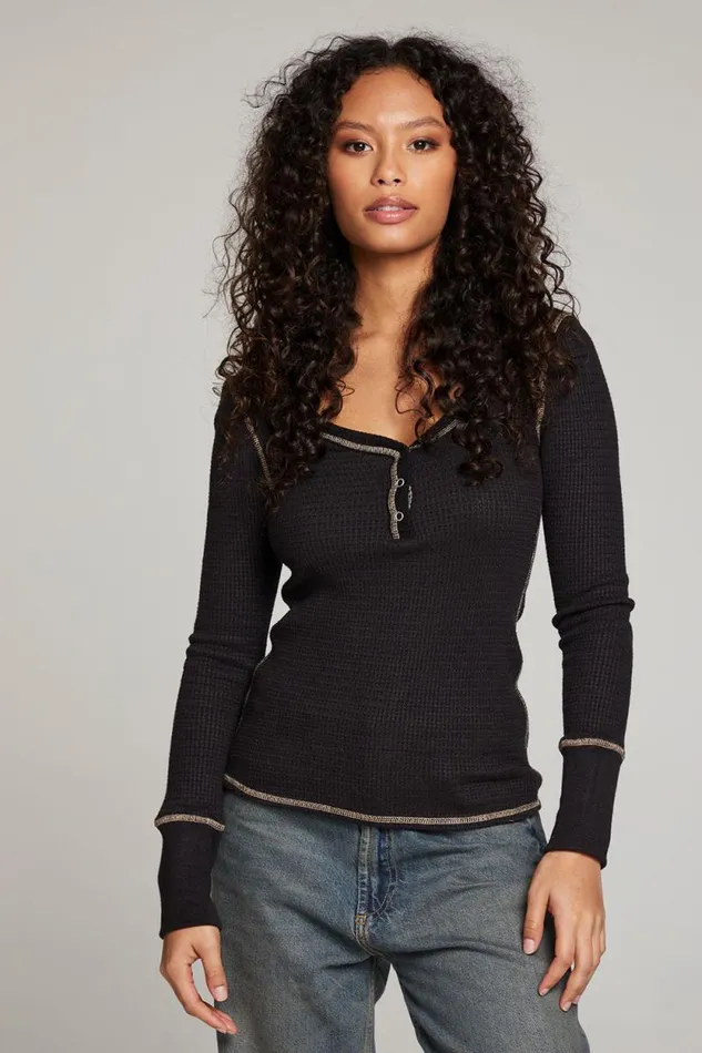 Womens Chaser Brand Tops Licorice Long Sleeve Henley