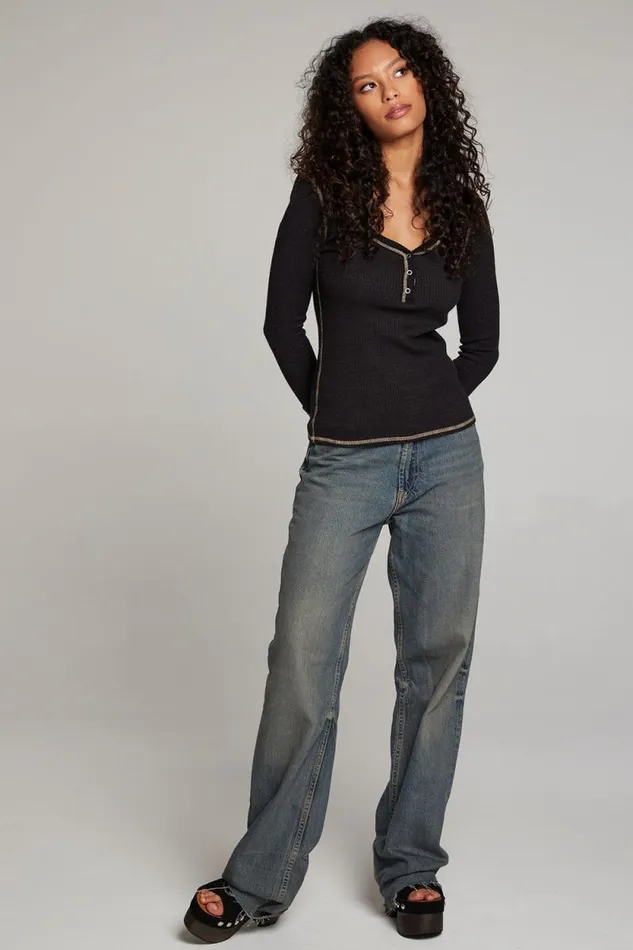 Womens Chaser Brand Tops Licorice Long Sleeve Henley