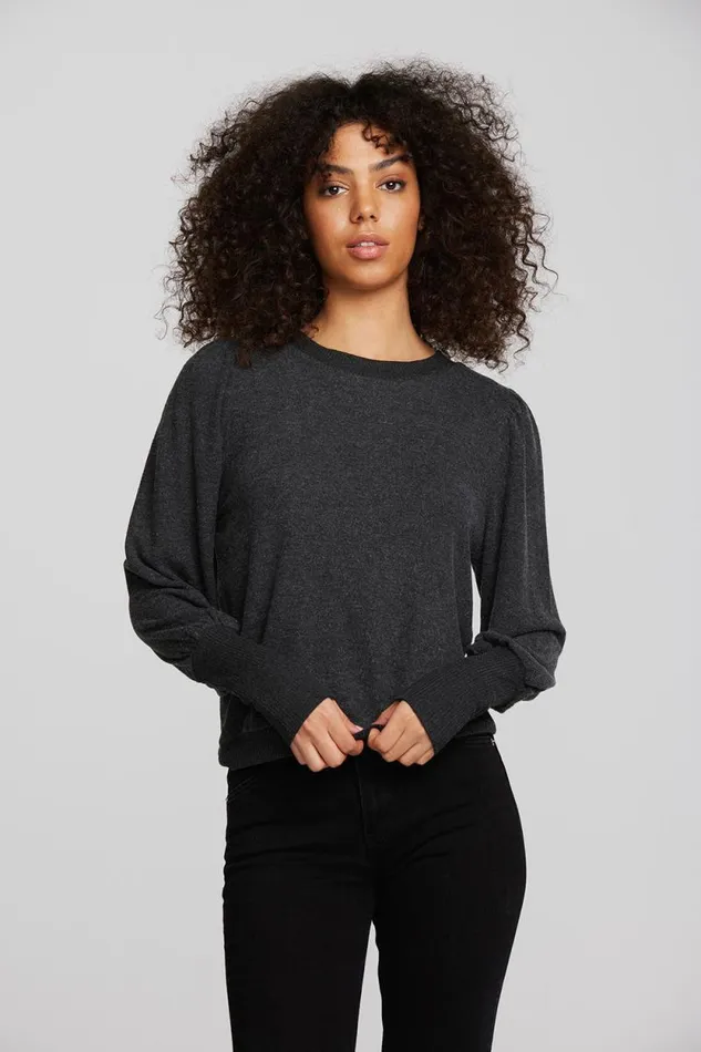 Womens Chaser Brand Tops Recycled Bliss Knit Crewneck Pullover With Rib And Puff Sleeve