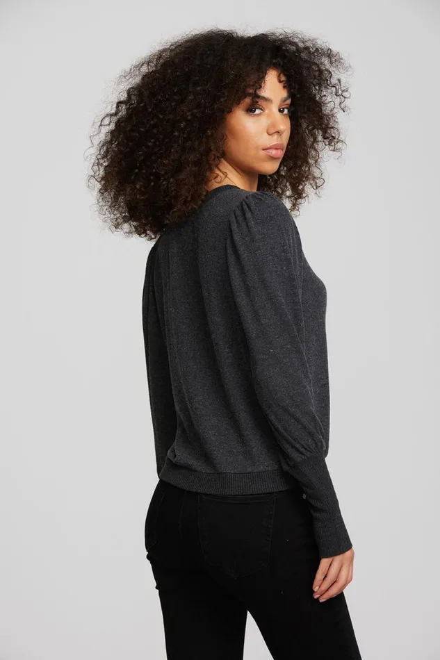 Womens Chaser Brand Tops Recycled Bliss Knit Crewneck Pullover With Rib And Puff Sleeve