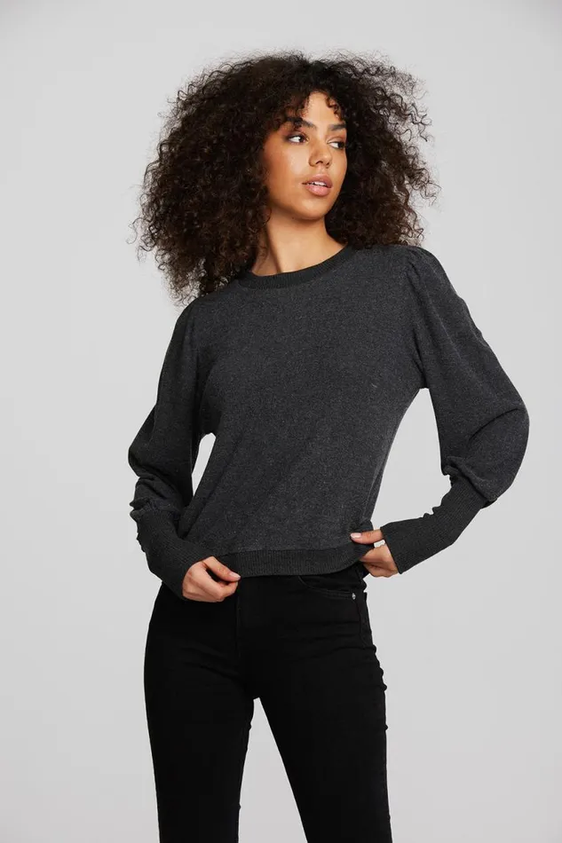 Womens Chaser Brand Tops Recycled Bliss Knit Crewneck Pullover With Rib And Puff Sleeve