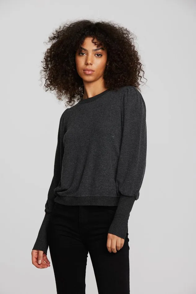 Womens Chaser Brand Tops Recycled Bliss Knit Crewneck Pullover With Rib And Puff Sleeve