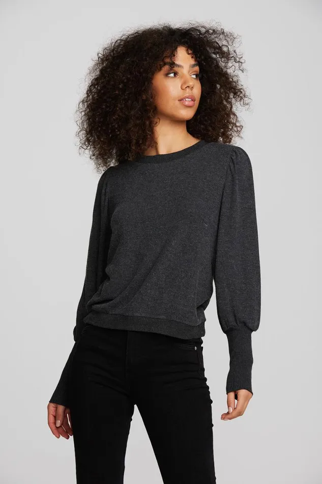 Womens Chaser Brand Tops Recycled Bliss Knit Crewneck Pullover With Rib And Puff Sleeve