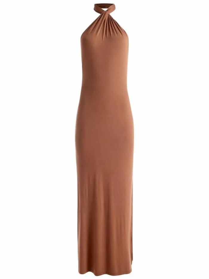 Womens Dresses Alice Olivia Amaya Halter Neck High Slit Dress Camel