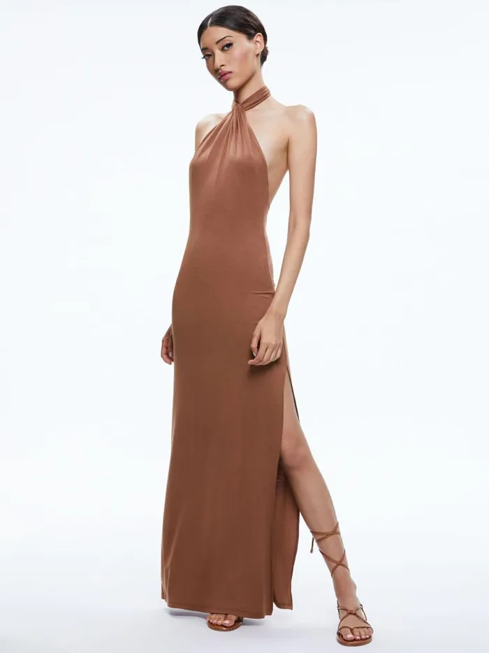 Womens Dresses Alice Olivia Amaya Halter Neck High Slit Dress Camel