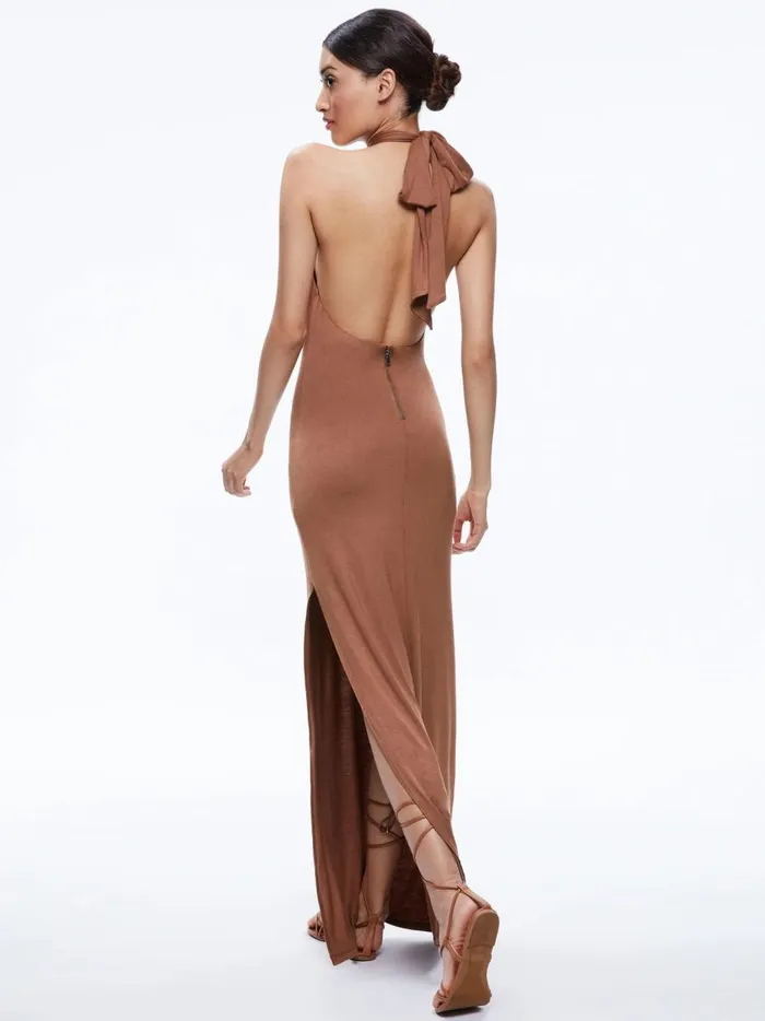 Womens Dresses Alice Olivia Amaya Halter Neck High Slit Dress Camel