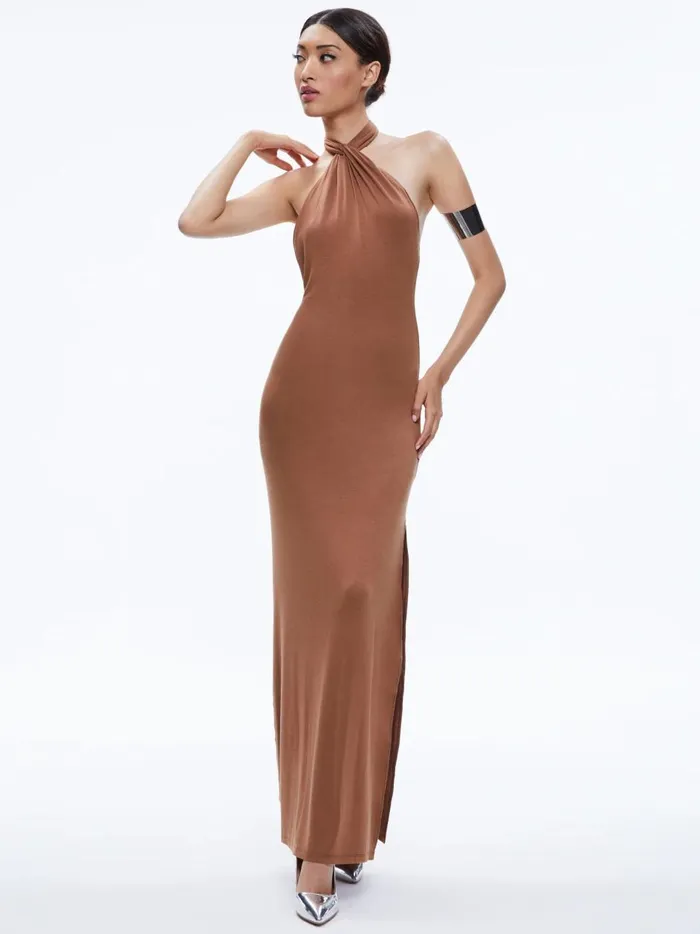 Womens Dresses Alice Olivia Amaya Halter Neck High Slit Dress Camel