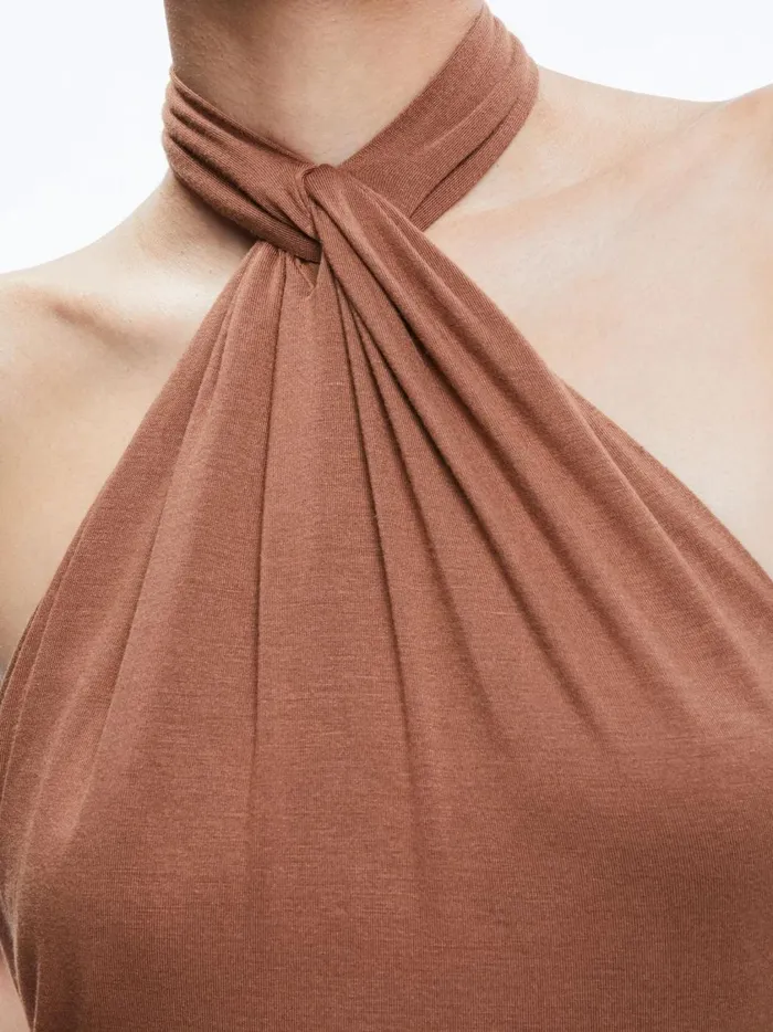 Womens Dresses Alice Olivia Amaya Halter Neck High Slit Dress Camel