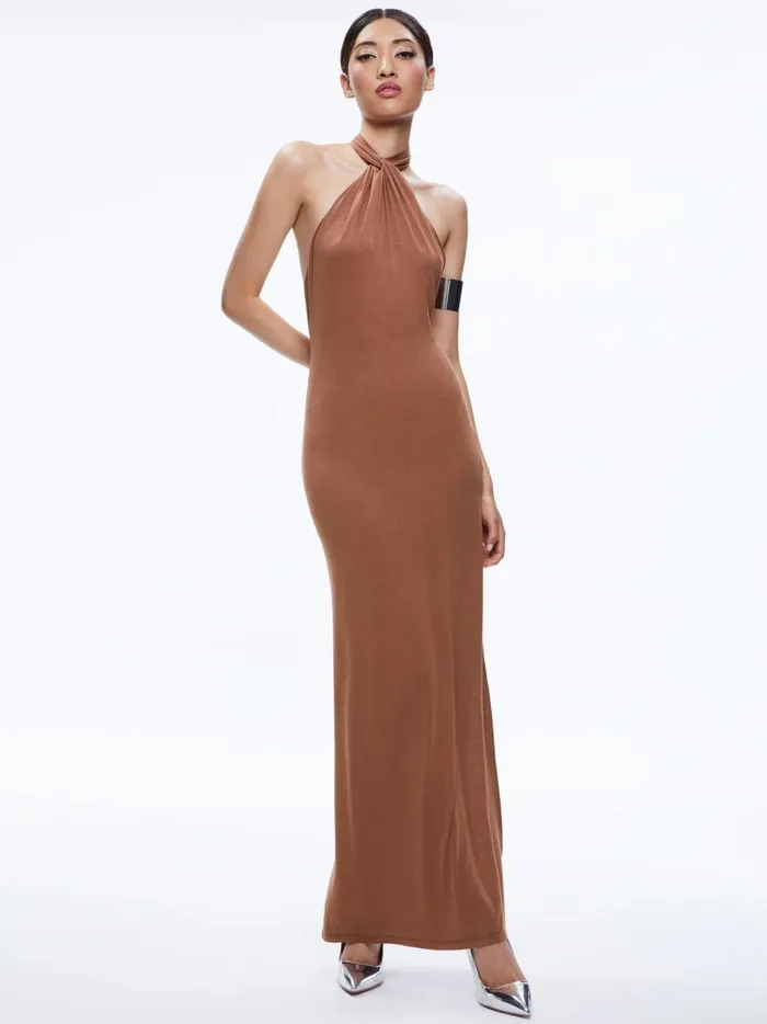 Womens Dresses Alice Olivia Amaya Halter Neck High Slit Dress Camel