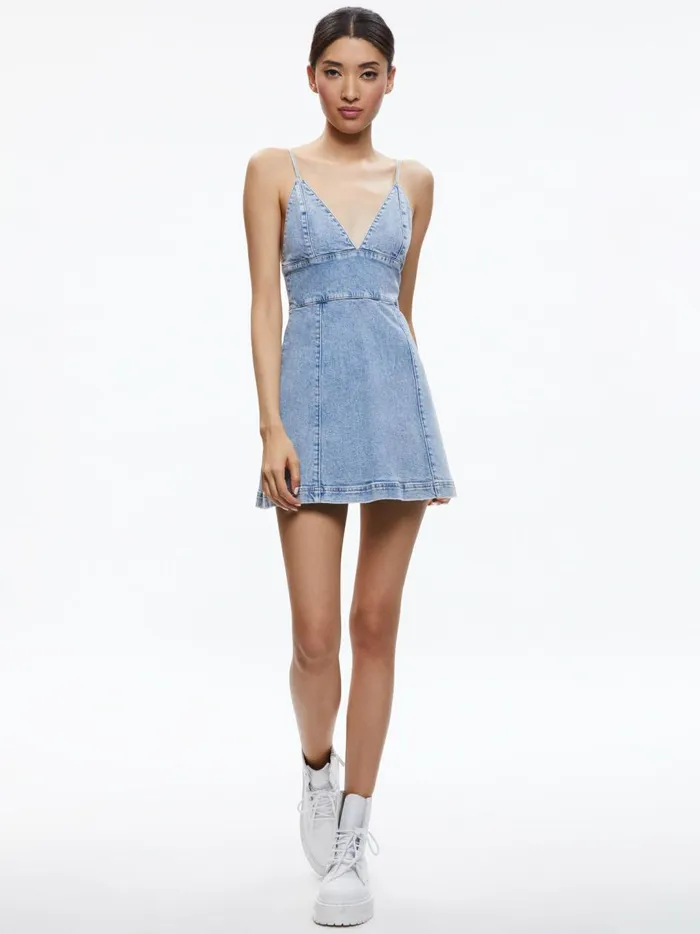 Womens Dresses Alice Olivia Carli Spaghetti Strap Denim Mini Dress Rockstar Blue