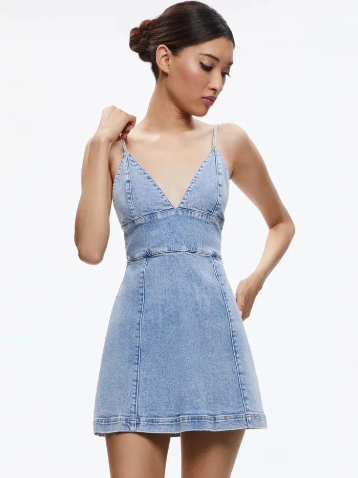 Womens Dresses Alice Olivia Carli Spaghetti Strap Denim Mini Dress Rockstar Blue