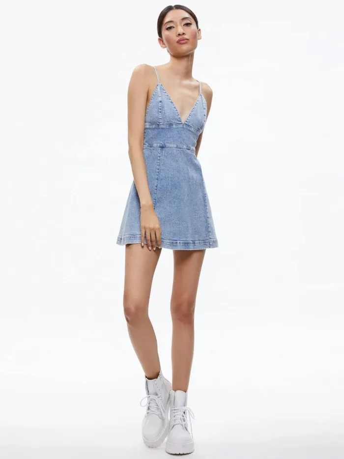 Womens Dresses Alice Olivia Carli Spaghetti Strap Denim Mini Dress Rockstar Blue