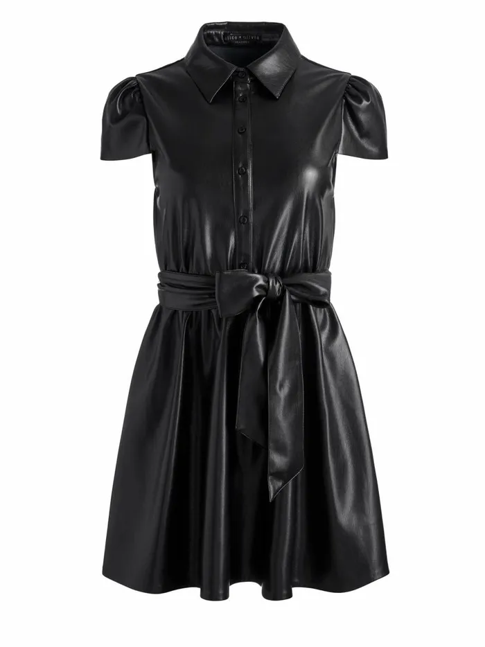 Womens Dresses Alice Olivia Carolyn Vegan Leather Shirt Dress Black