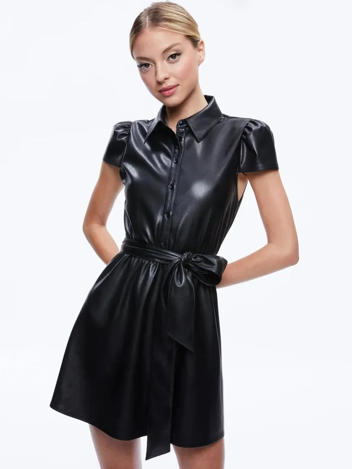 Womens Dresses Alice Olivia Carolyn Vegan Leather Shirt Dress Black