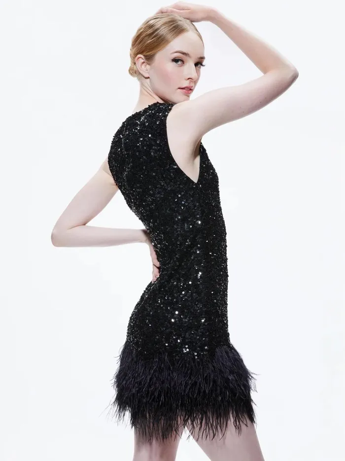 Womens Dresses Alice Olivia Coley Embellished Feather Trim Mini Dress Black