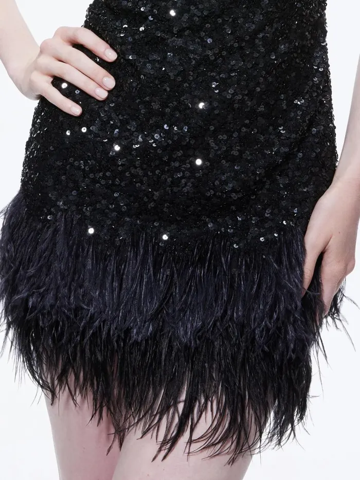 Womens Dresses Alice Olivia Coley Embellished Feather Trim Mini Dress Black