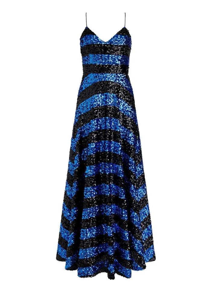 Womens Dresses Alice Olivia Domenica Sequin Gown Dress Sapphireblack Stripe