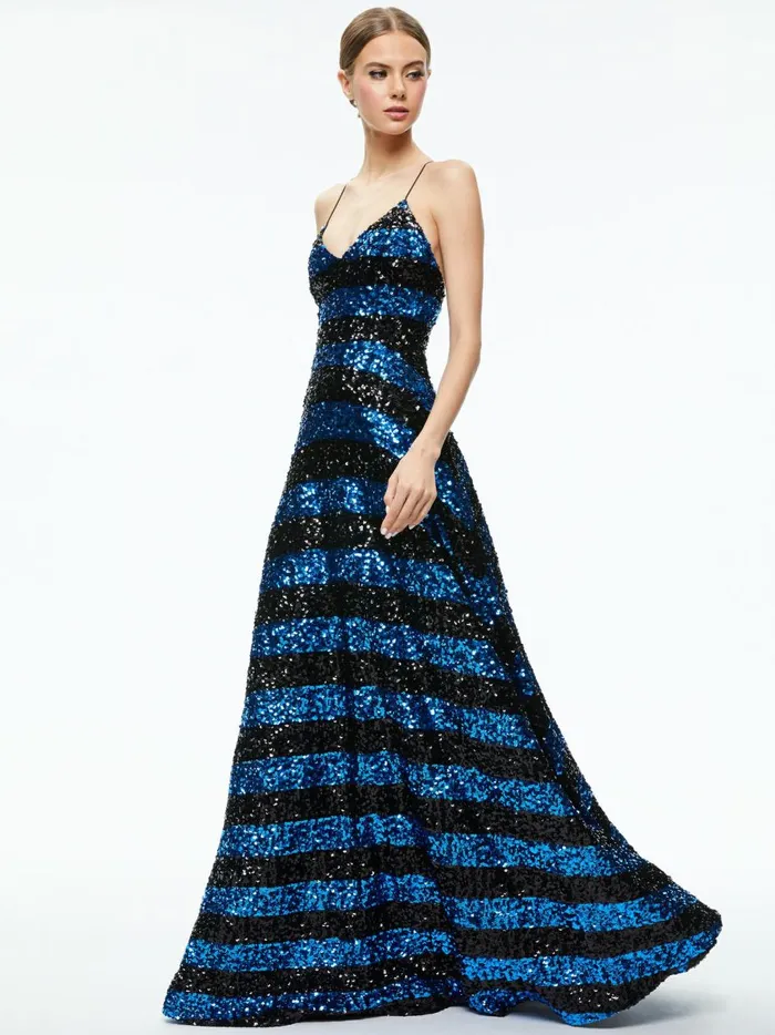 Womens Dresses Alice Olivia Domenica Sequin Gown Dress Sapphireblack Stripe