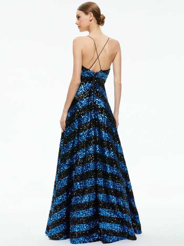 Womens Dresses Alice Olivia Domenica Sequin Gown Dress Sapphireblack Stripe